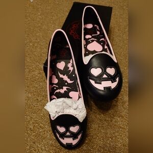 Strangecvlt Lydia Jack Heart Black and Pink Round toe Flats Women's shoe sz 10